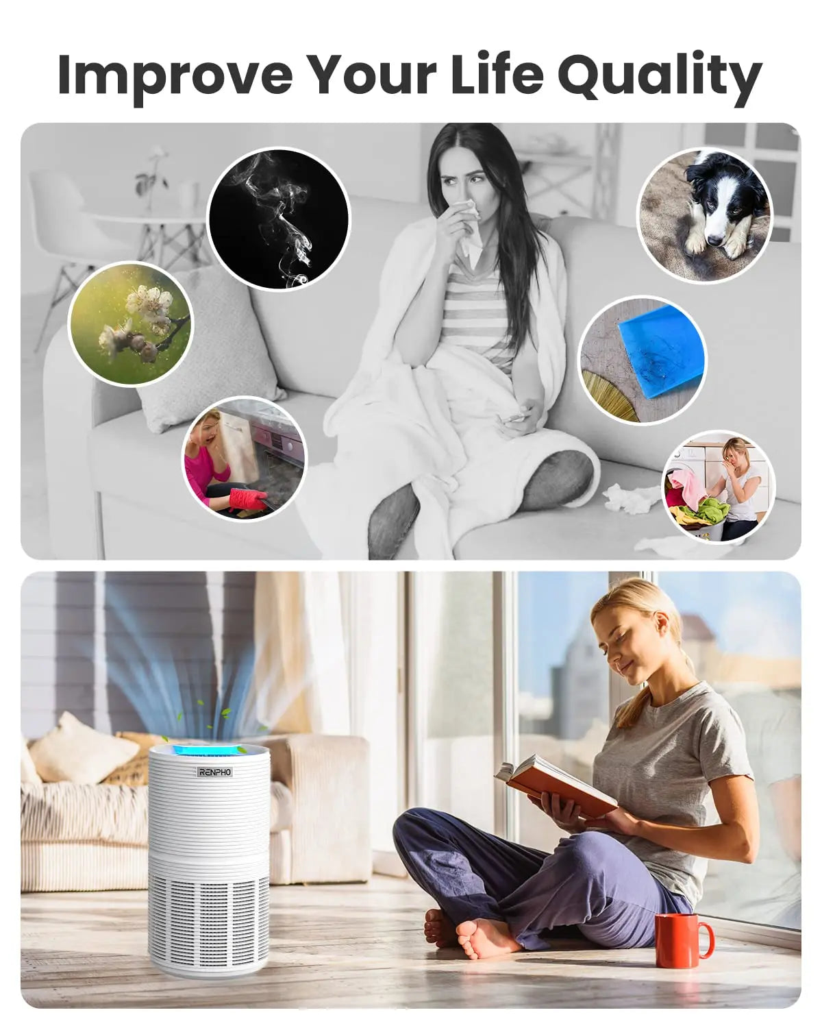 RENPHO Large Room Air Purifier - Effectively Eliminates Smoke, Pet Hair, Pollen, and Dust for Improved Indoor Air Quality