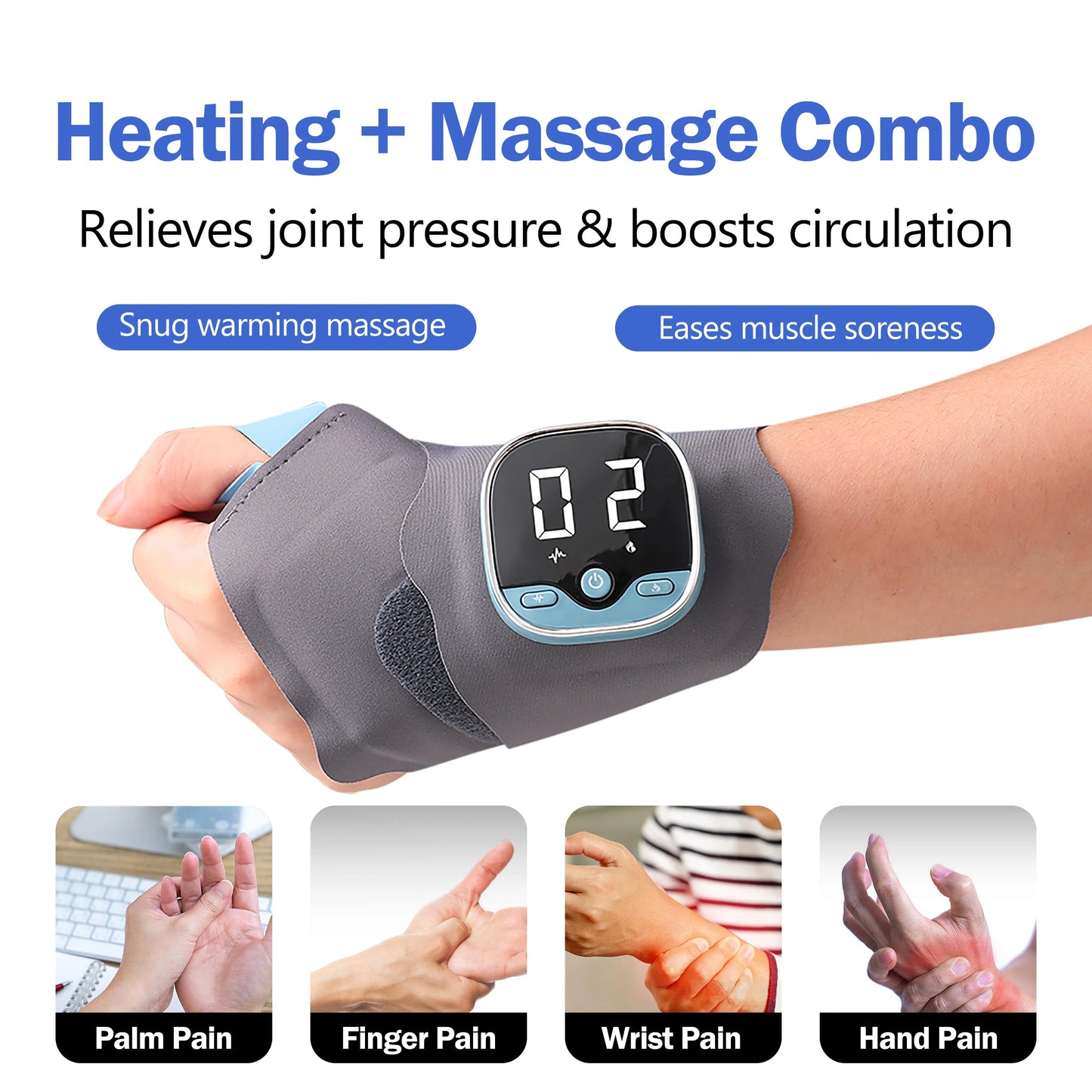 Portable Hand Massager, Lightweight Rechargeable Cordless Design, 5 Modes & 9 Intensity Levels, Heated Wrist Wrap Massager for Home, Office & Travel, Gift for Mom
