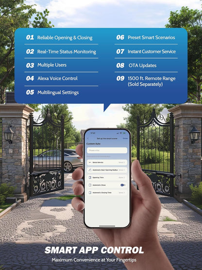 Automatic Gate Opener, Dual Swing Smart App-Controlled Electric Opener for Gates up to 2×900 Lb and 20 Ft, Driveway Swing Gate System with Remote Access