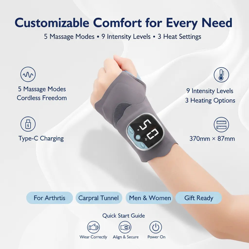 Portable Hand Massager, Lightweight Rechargeable Cordless Design, 5 Modes & 9 Intensity Levels, Heated Wrist Wrap Massager for Home, Office & Travel, Gift for Mom