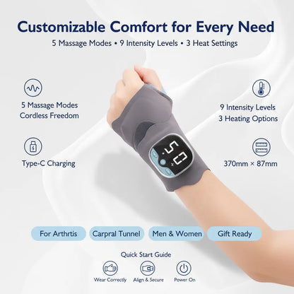 Portable Hand Massager, Lightweight Rechargeable Cordless Design, 5 Modes & 9 Intensity Levels, Heated Wrist Wrap Massager for Home, Office & Travel, Gift for Mom