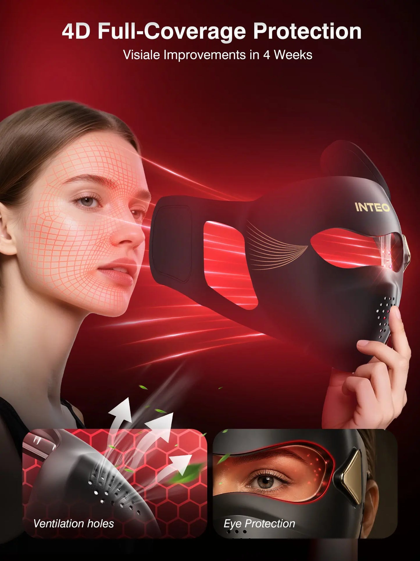 Red Light Therapy for Face-4D Red Light Therapy Mask with 4 Color Light Modes (Red+Infrared/Red/Blue/Orange) 850NM Infrared LED Face Mask Light Therapy with 4000Mah Rechargeable Remote Timer