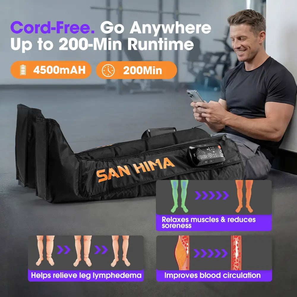 SAN HIMA Cordless Air Compression Leg Massager with Heat - Sequential Full Leg Compression Boots for Circulation & Pain Relief | 6 Modes 8 Intensity Recovery Boots for Daily Recovery - Feet, Calves & Thighs