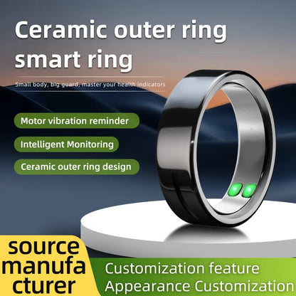 Ceramic Outer Ring Smart Ring for Health Monitoring – Intelligent Heart Rate & Sleep Tracker with Motor Vibration Reminder, Waterproof Fitness Tracker Ring for Men Women, Customizable Appearance Health Wearable Device