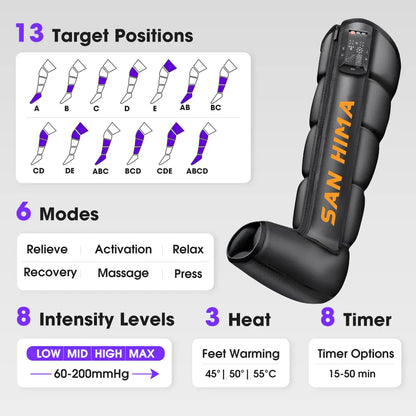 SAN HIMA Cordless Air Compression Leg Massager with Heat - Sequential Full Leg Compression Boots for Circulation & Pain Relief | 6 Modes 8 Intensity Recovery Boots for Daily Recovery - Feet, Calves & Thighs