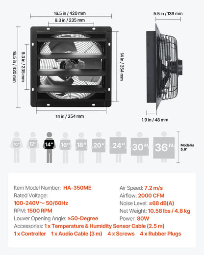 【Fathersdaygift】Vevor 14-In Wall Mounted Shutter Exhaust Fan2000 CFM EC Motor Fan with Smart Programmingvariable Speedtemperature Control & Timerfor Shedgarage Ventilation Coolingblack
