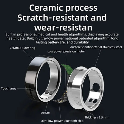 Ceramic Outer Ring Smart Ring for Health Monitoring – Intelligent Heart Rate & Sleep Tracker with Motor Vibration Reminder, Waterproof Fitness Tracker Ring for Men Women, Customizable Appearance Health Wearable Device